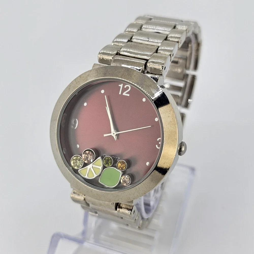 Women Watch 38MM Burgundy Dial Charms on Dial Gray Metal Bands 6.5
